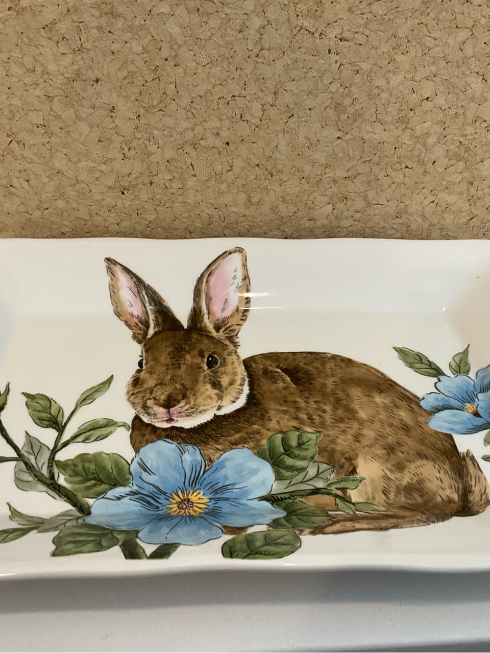 Ceramic Bunny Tray with Blue Floral Accents - White and Brown